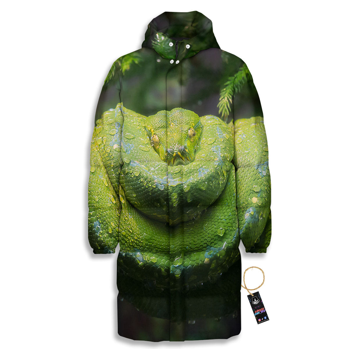 Python Snake Green Tree Print Long Down Jacket-grizzshop