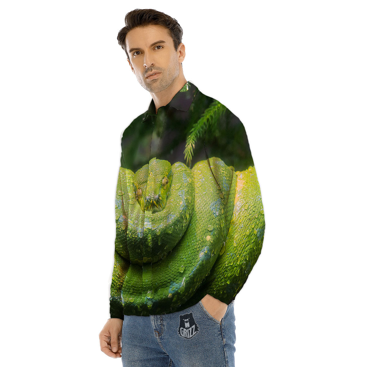 Python Snake Green Tree Print Men's Dress Shirts-grizzshop