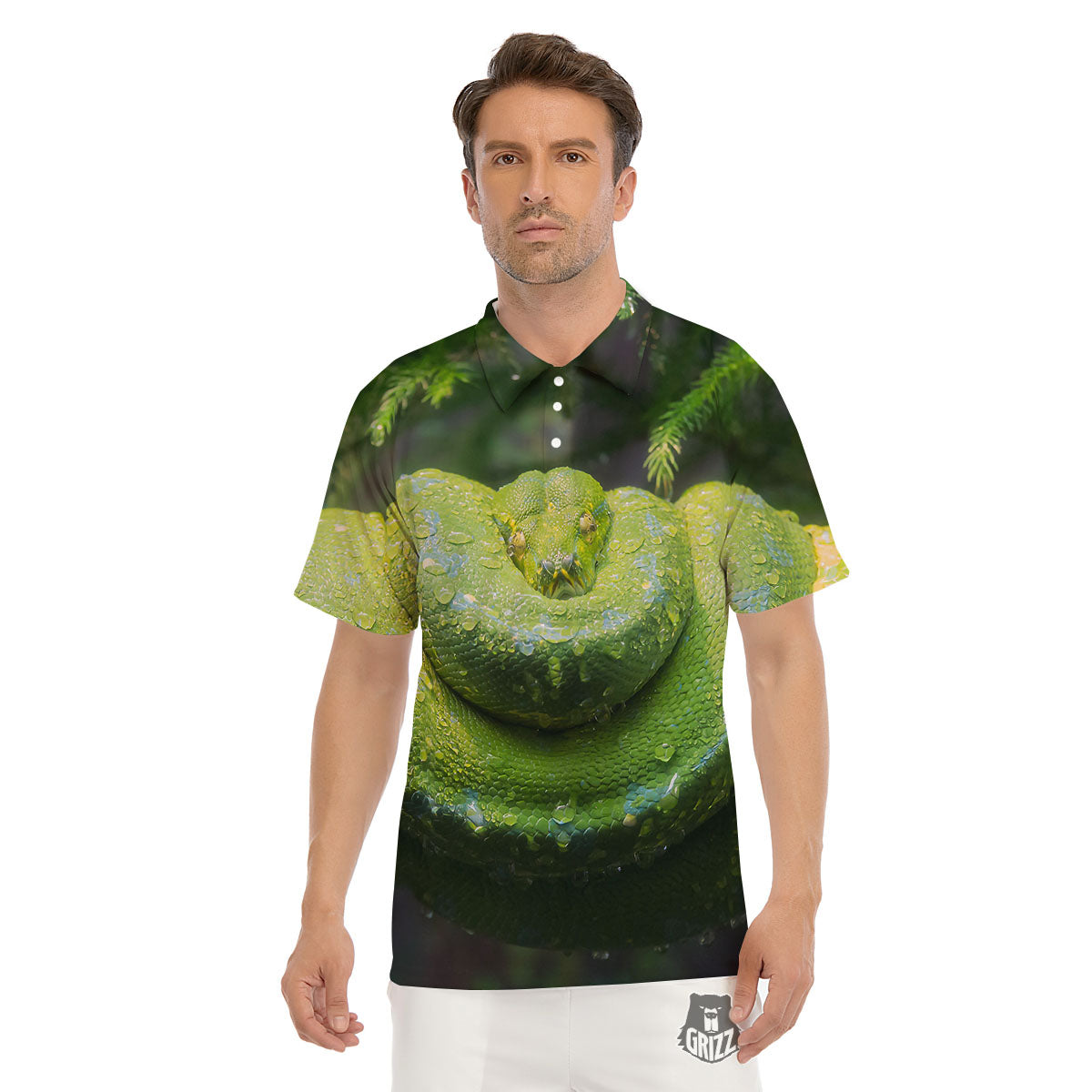 Python Snake Green Tree Print Men's Golf Shirts-grizzshop