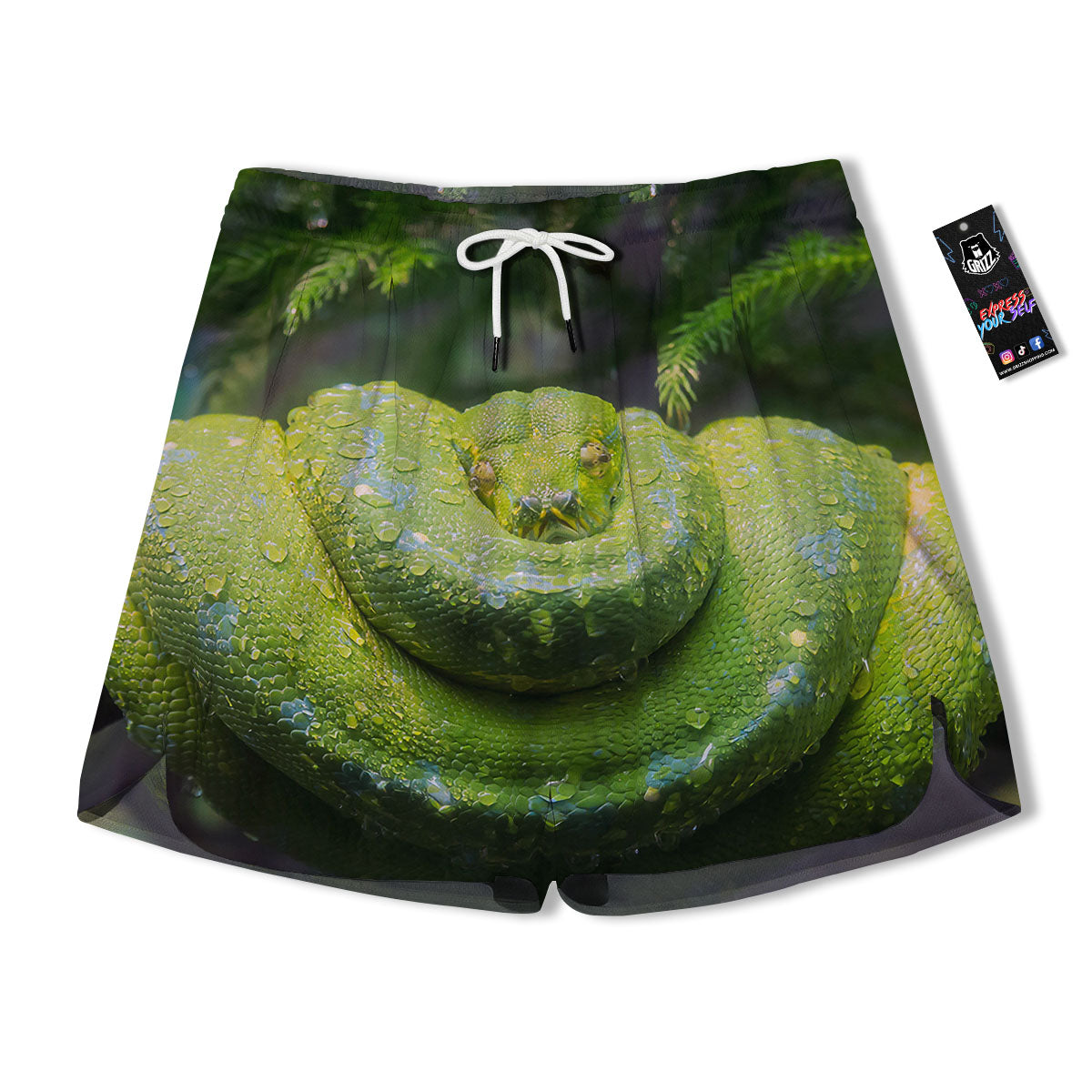 Python Snake Green Tree Print Men's Running Shorts-grizzshop