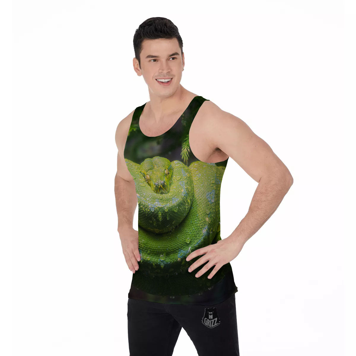 Python Snake Green Tree Print Men's Tank Top-grizzshop