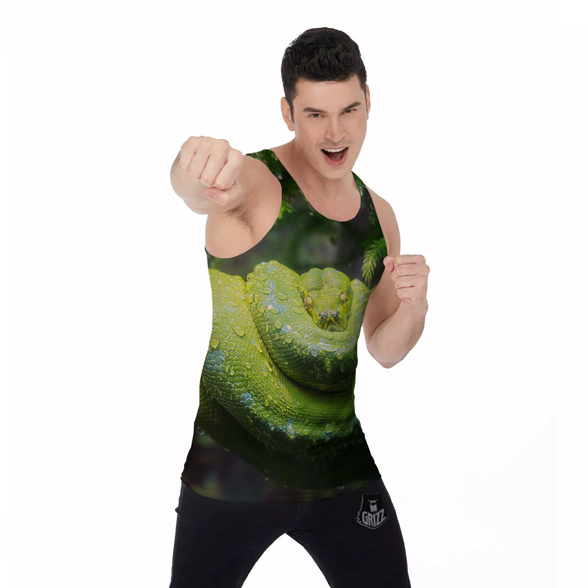 Python Snake Green Tree Print Men's Tank Top-grizzshop