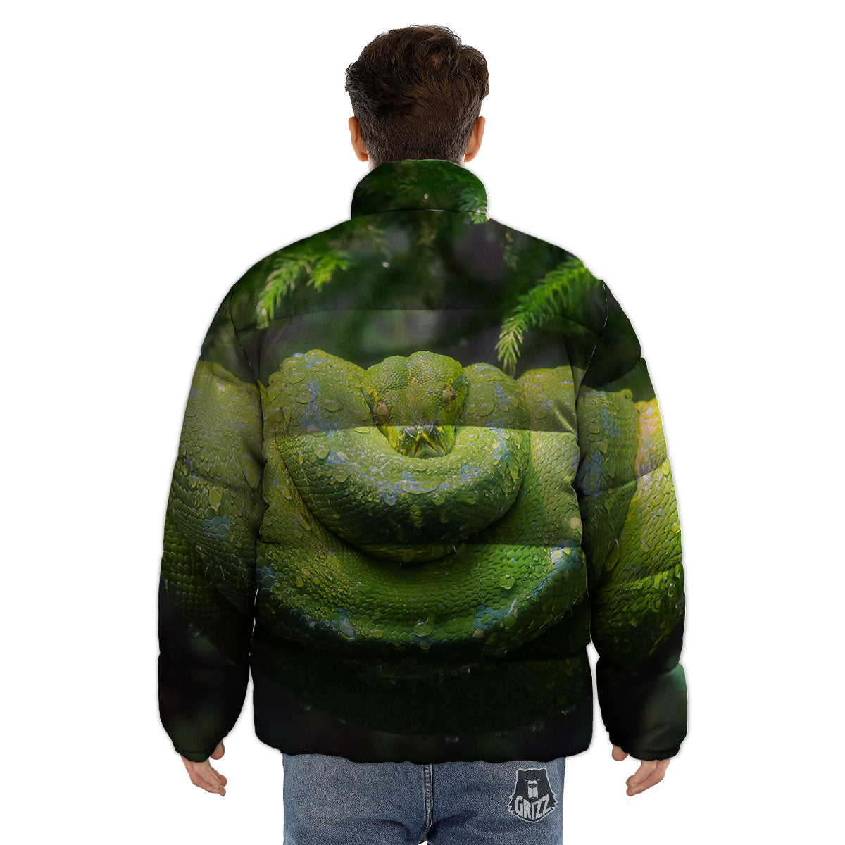 Python Snake Green Tree Print Puffer Jacket-grizzshop