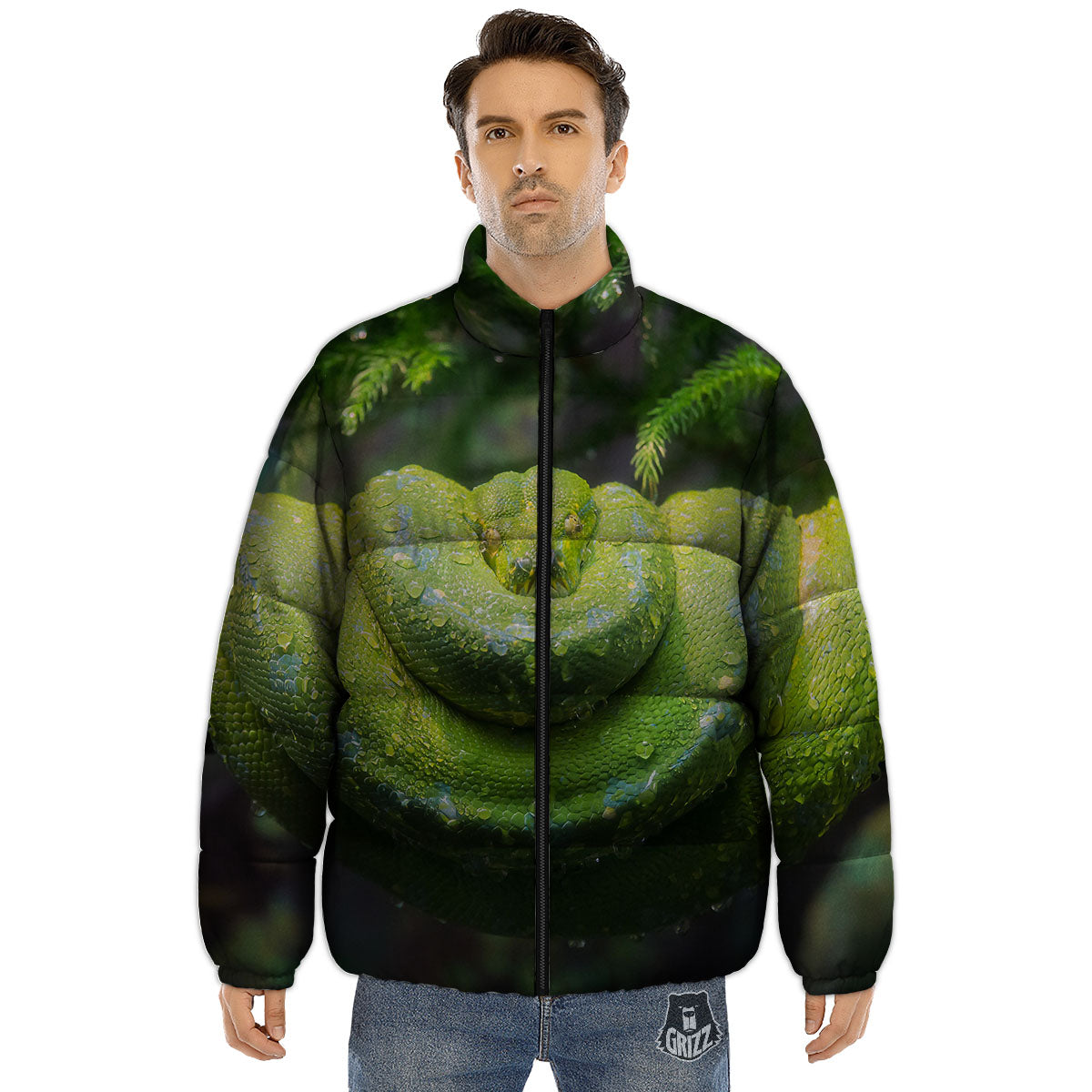Python Snake Green Tree Print Puffer Jacket-grizzshop