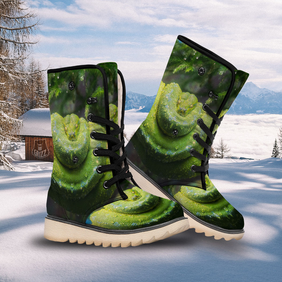 Python Snake Green Tree Print Snow Boots-grizzshop
