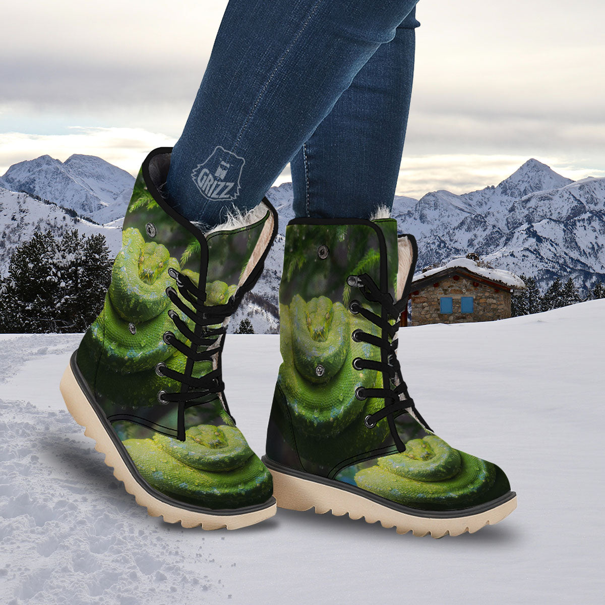 Python Snake Green Tree Print Snow Boots-grizzshop