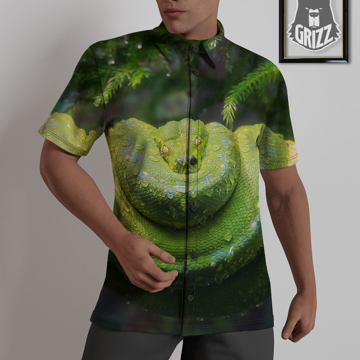 Python Snake Green Tree Print Untucked Shirts-grizzshop
