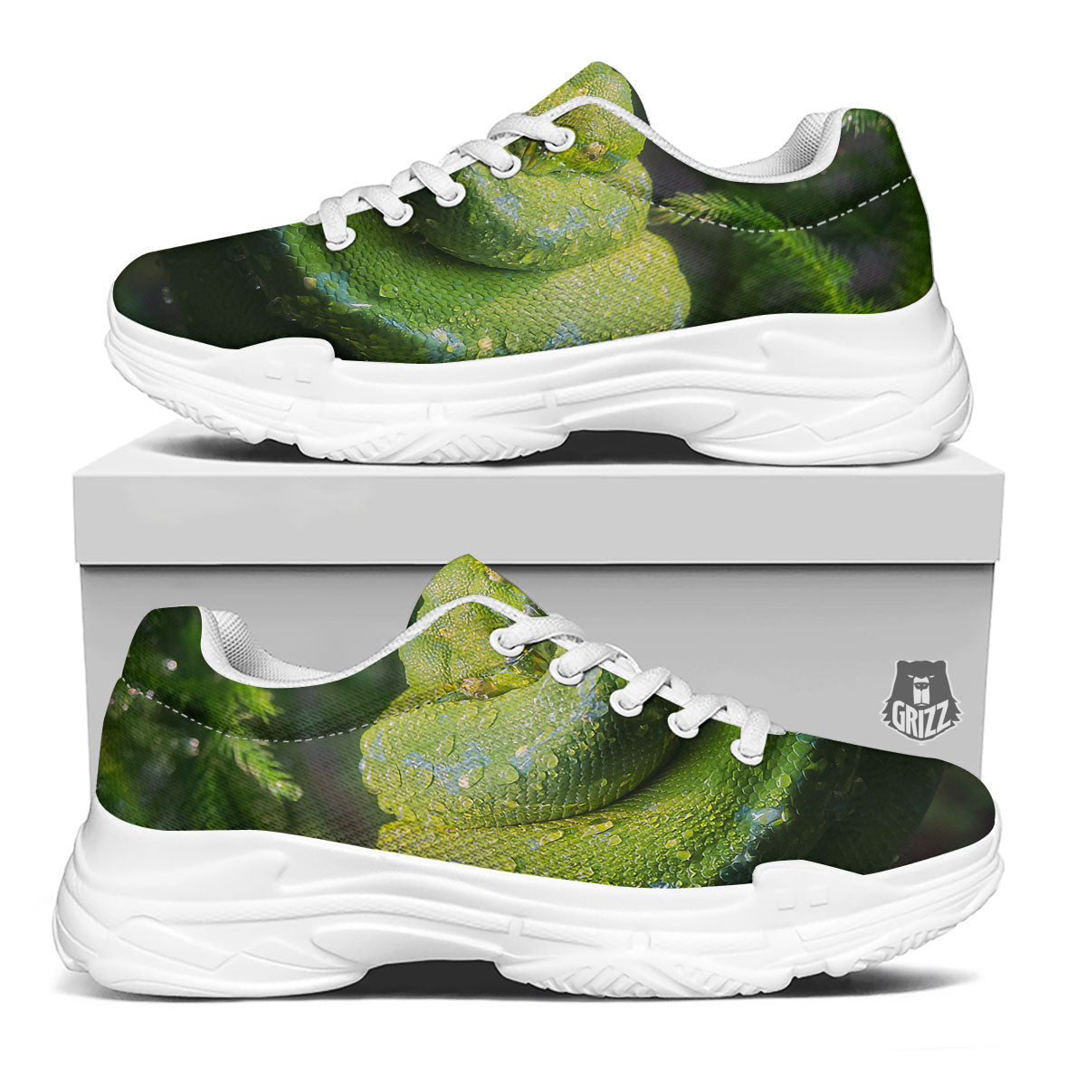 Python Snake Green Tree Print White Chunky Shoes-grizzshop