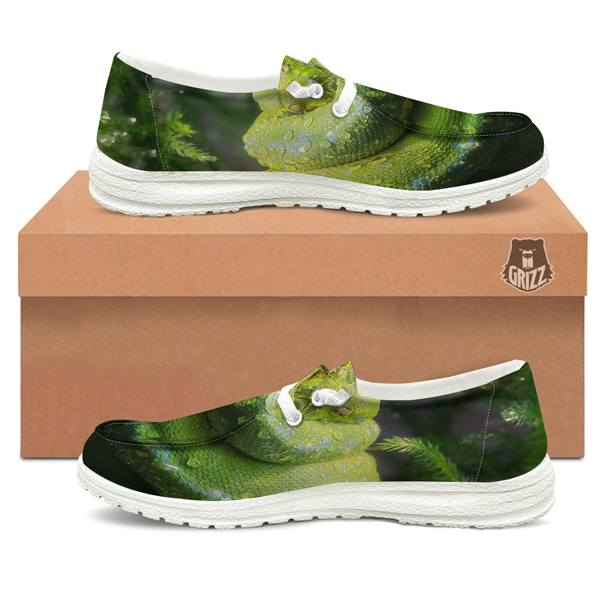 Python Snake Green Tree Print White Loafers-grizzshop