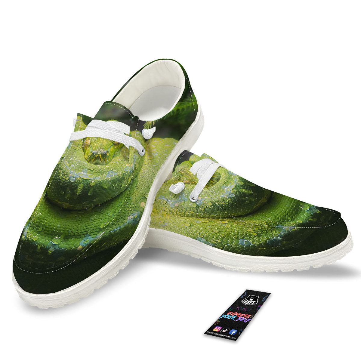 Python Snake Green Tree Print White Loafers-grizzshop