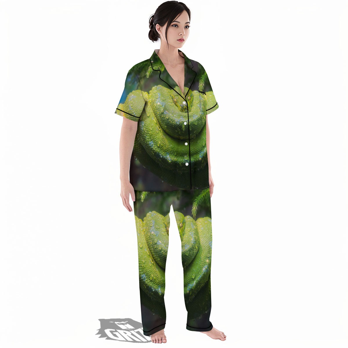 Python Snake Green Tree Print Women's Pajamas Set-grizzshop