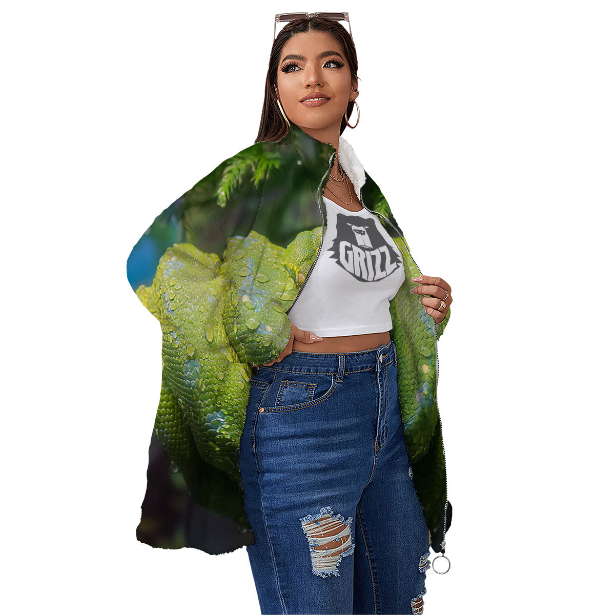 Python Snake Green Tree Print Women's Sherpa Jacket-grizzshop