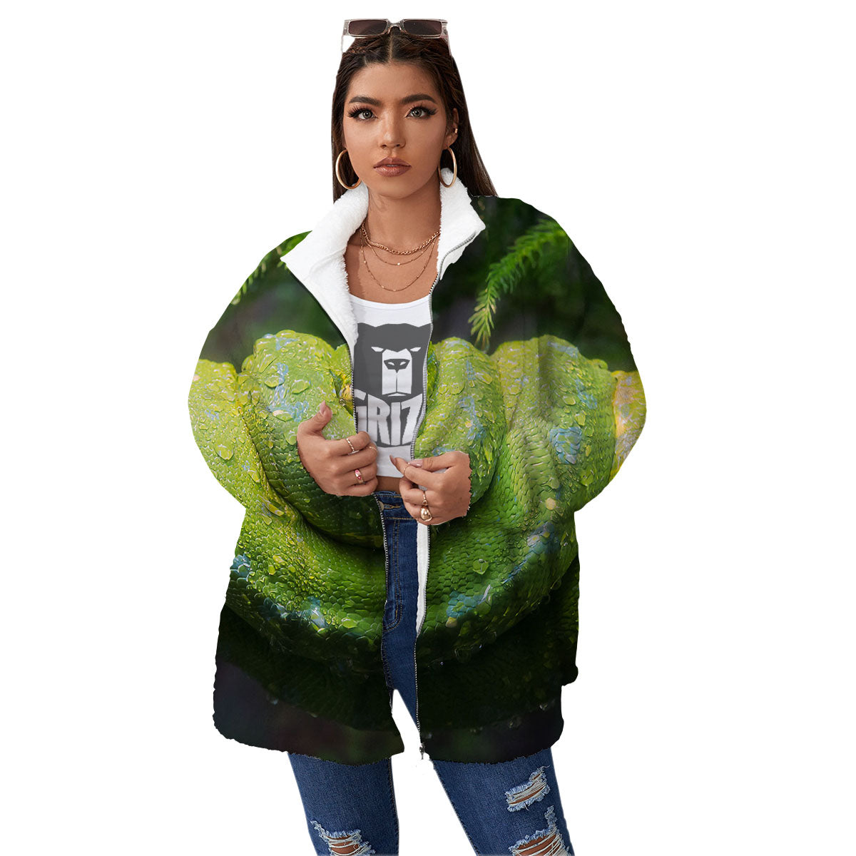 Python Snake Green Tree Print Women's Sherpa Jacket-grizzshop