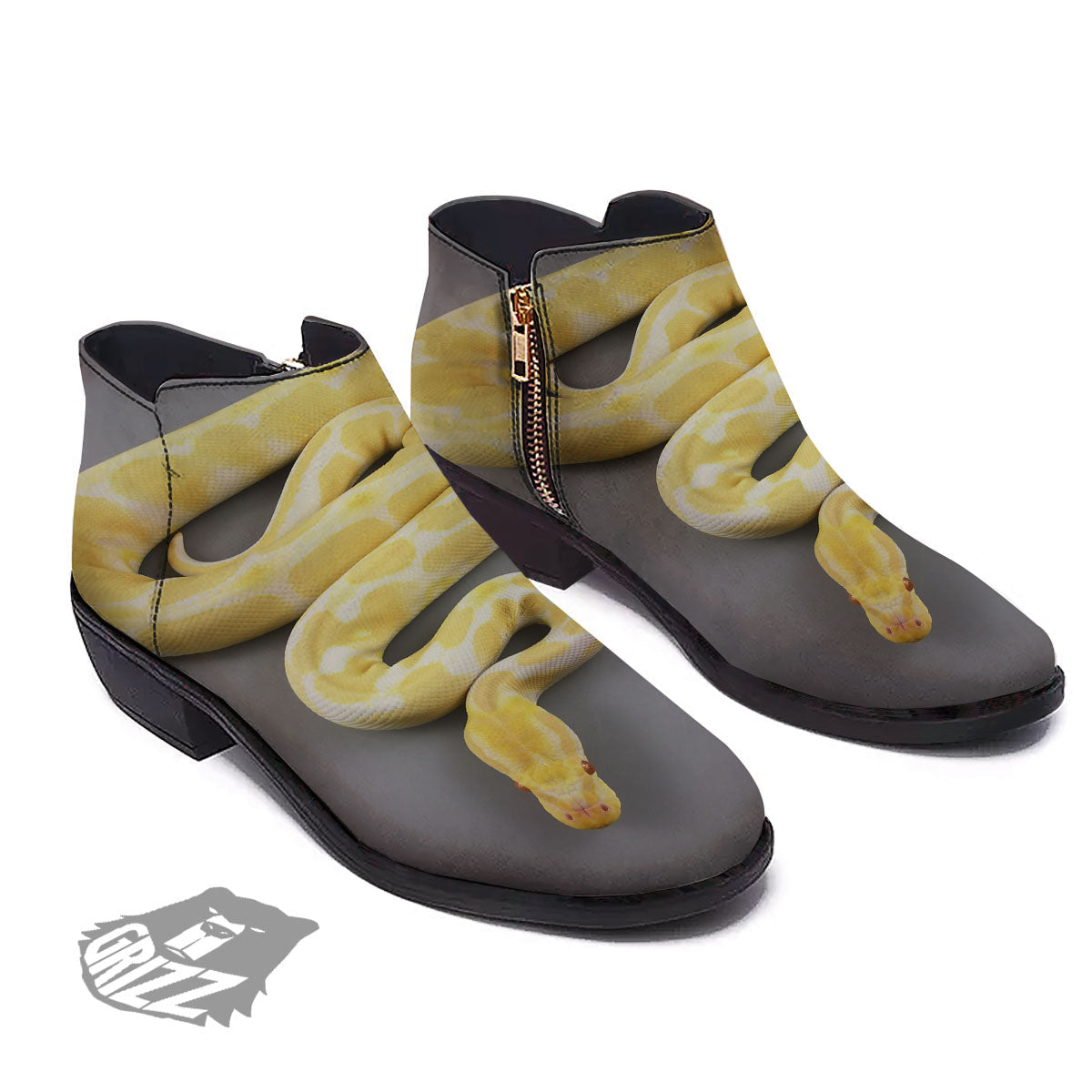 Python Snake Yellow And White Print Ankle Boots-grizzshop