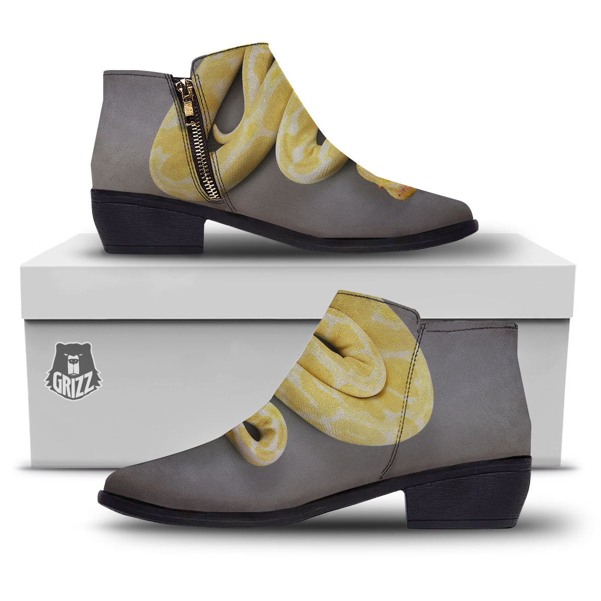 Python Snake Yellow And White Print Ankle Boots-grizzshop