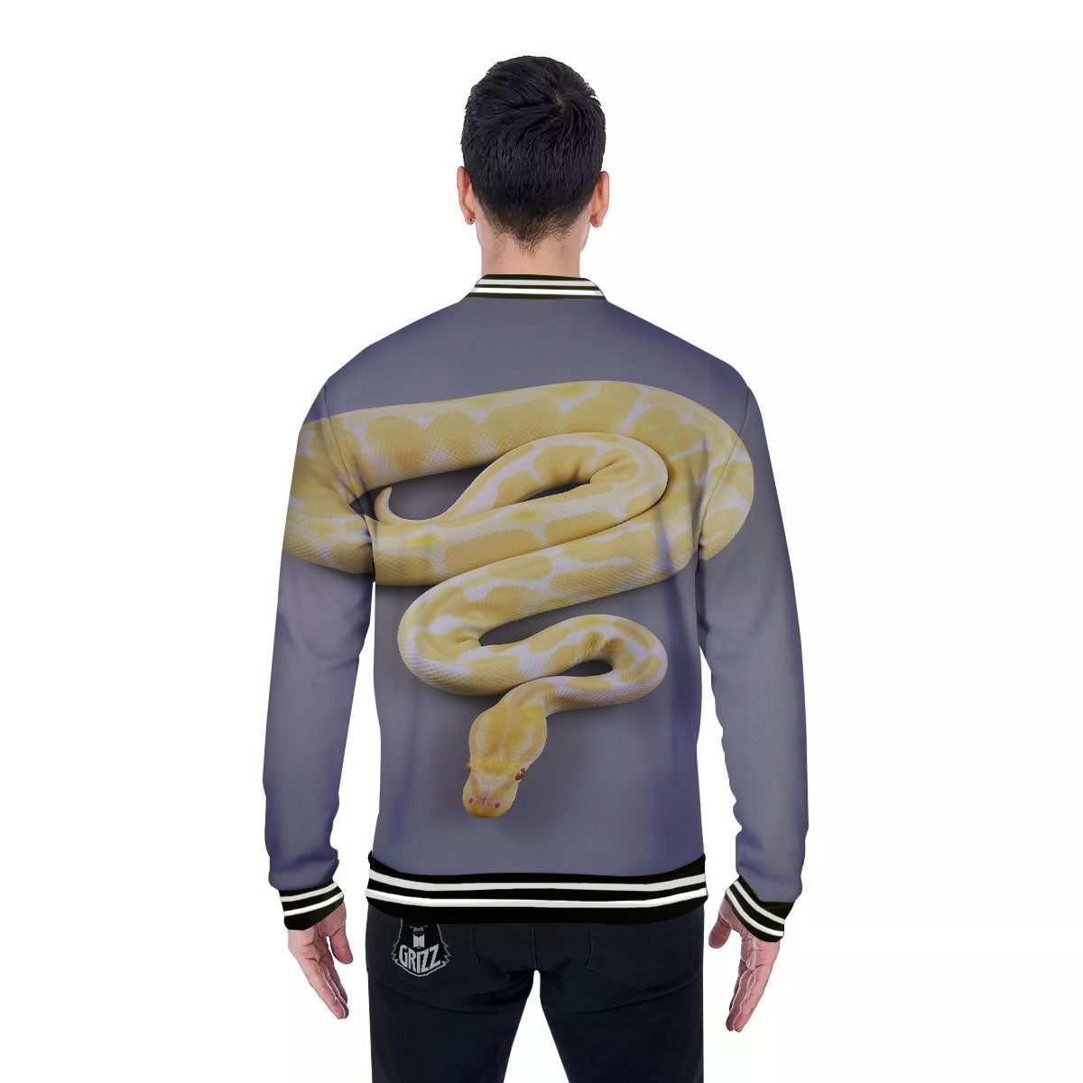 Python Snake Yellow And White Print Baseball Jacket-grizzshop