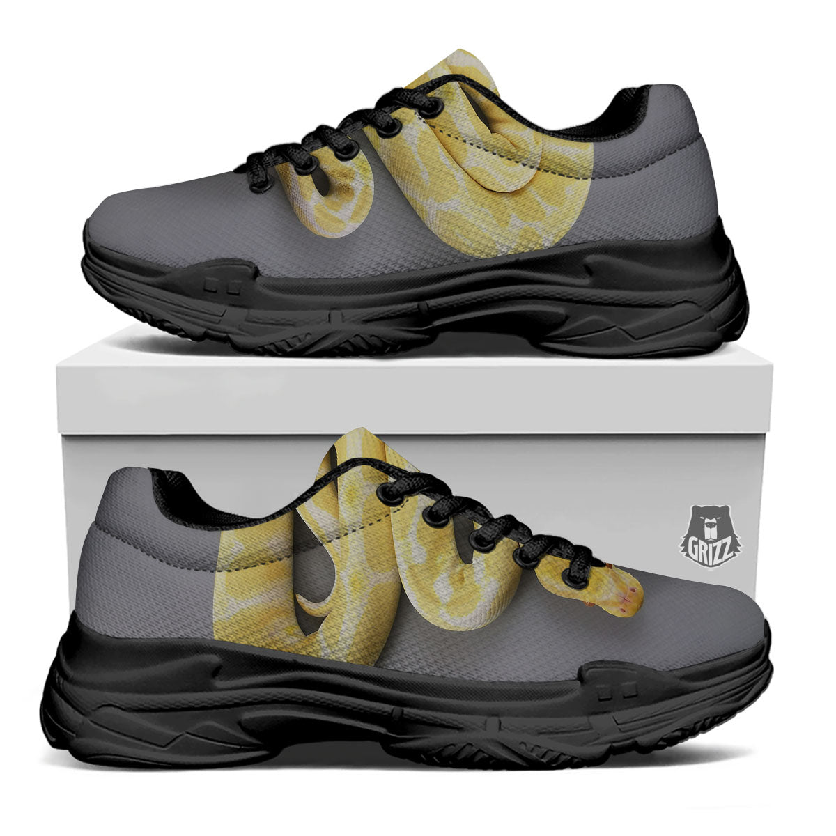 Python Snake Yellow And White Print Black Chunky Shoes-grizzshop