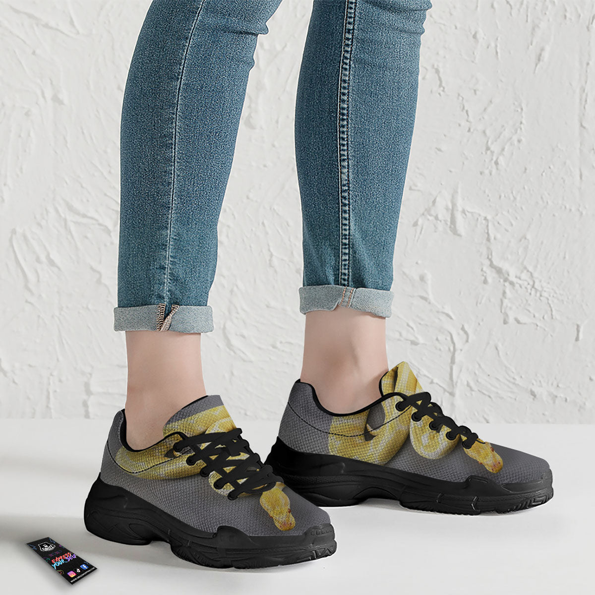 Python Snake Yellow And White Print Black Chunky Shoes-grizzshop