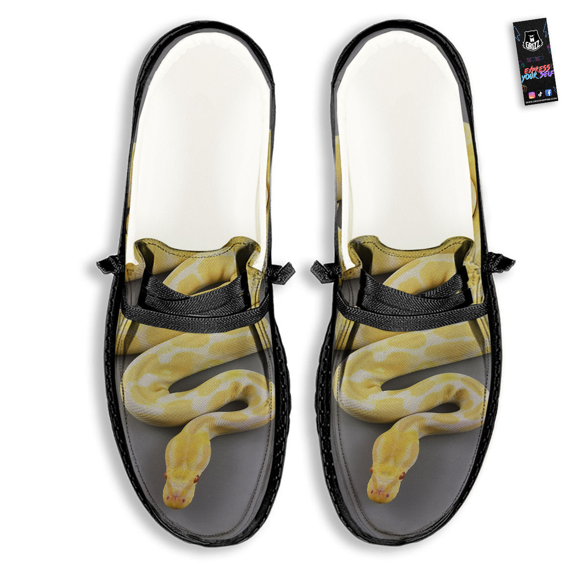 Python Snake Yellow And White Print Black Loafers-grizzshop