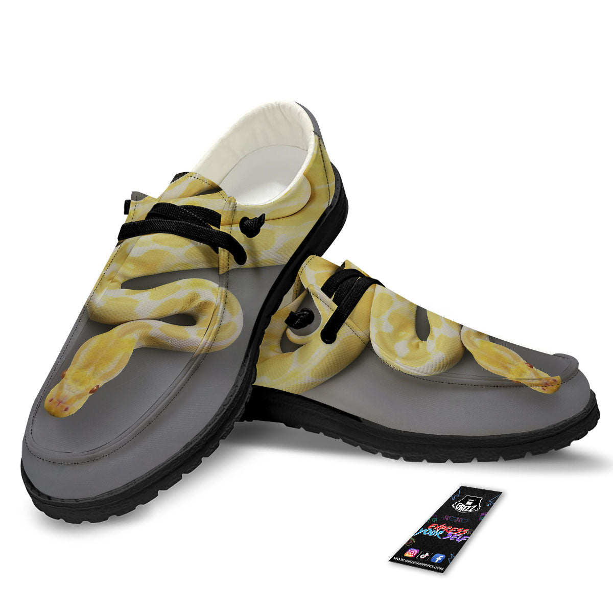 Python Snake Yellow And White Print Black Loafers-grizzshop