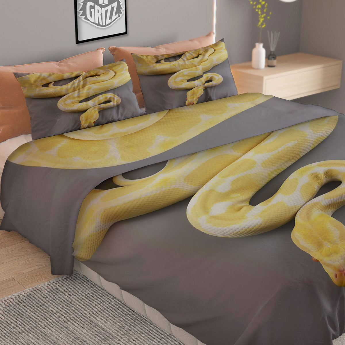 Python Snake Yellow And White Print Duvet Cover Bedding Set