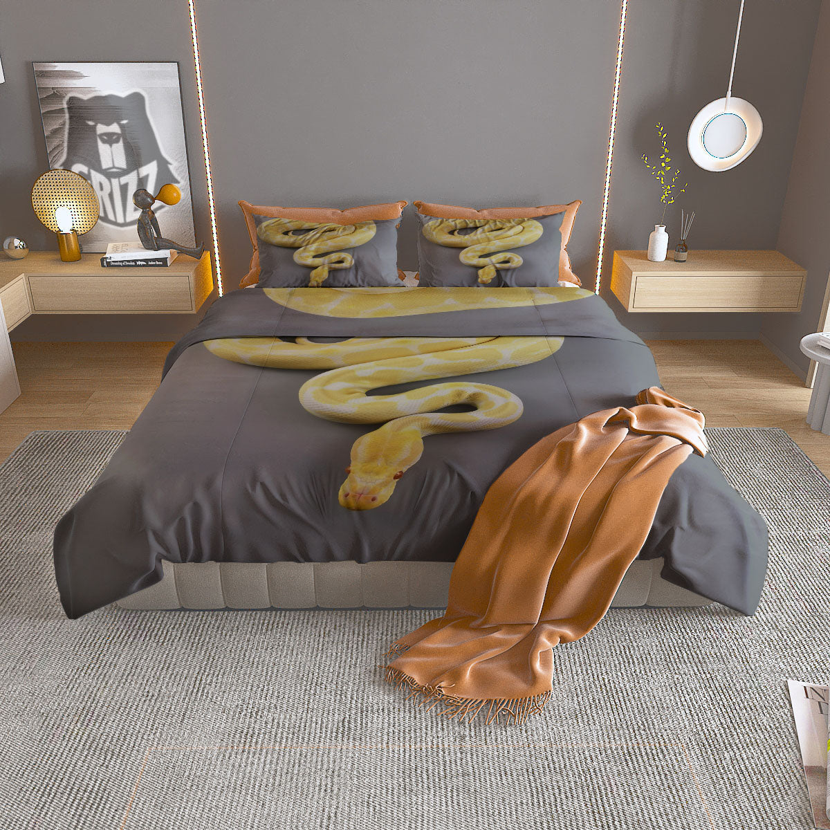 Python Snake Yellow And White Print Duvet Cover Bedding Set