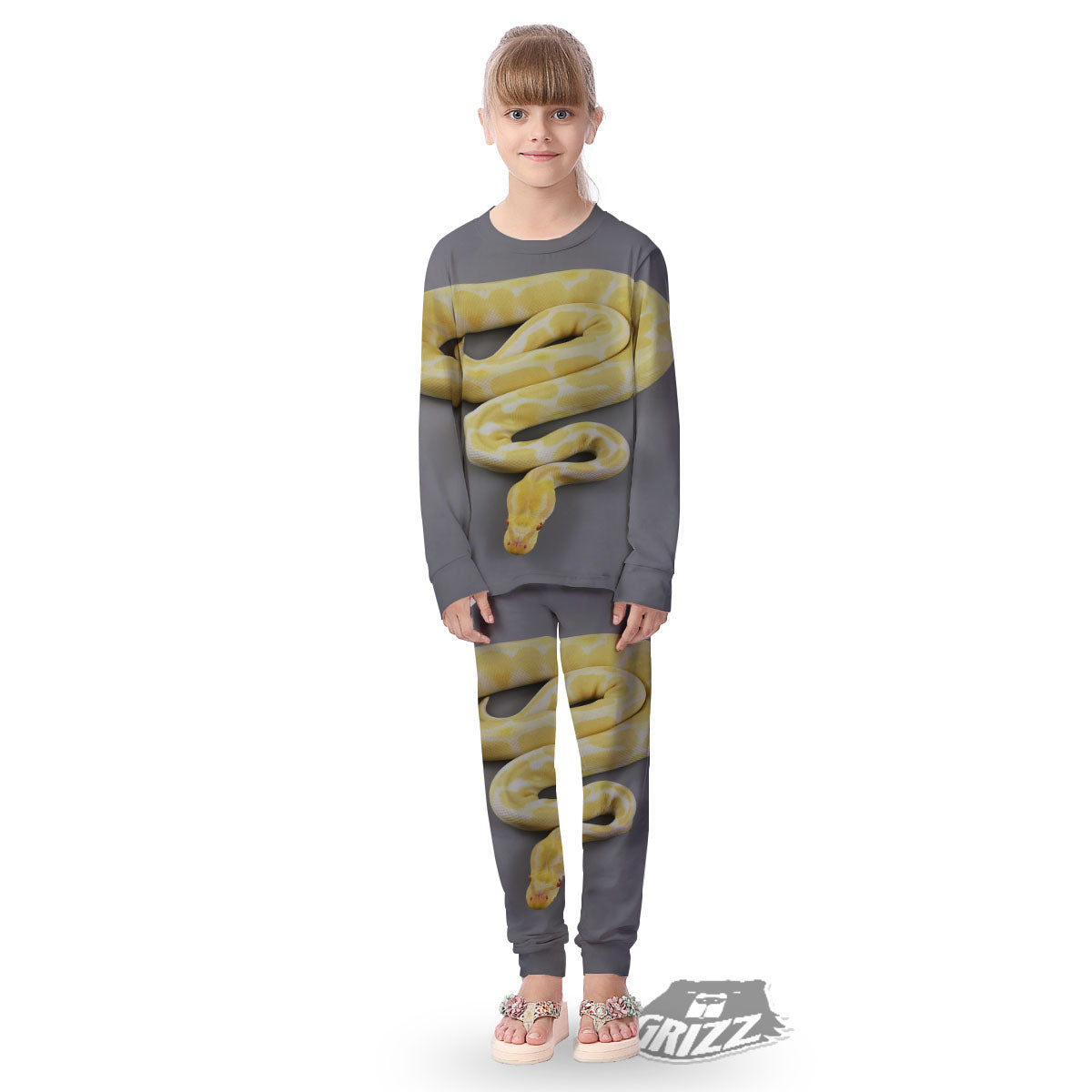 Python Snake Yellow And White Print Kid's Pajamas-grizzshop