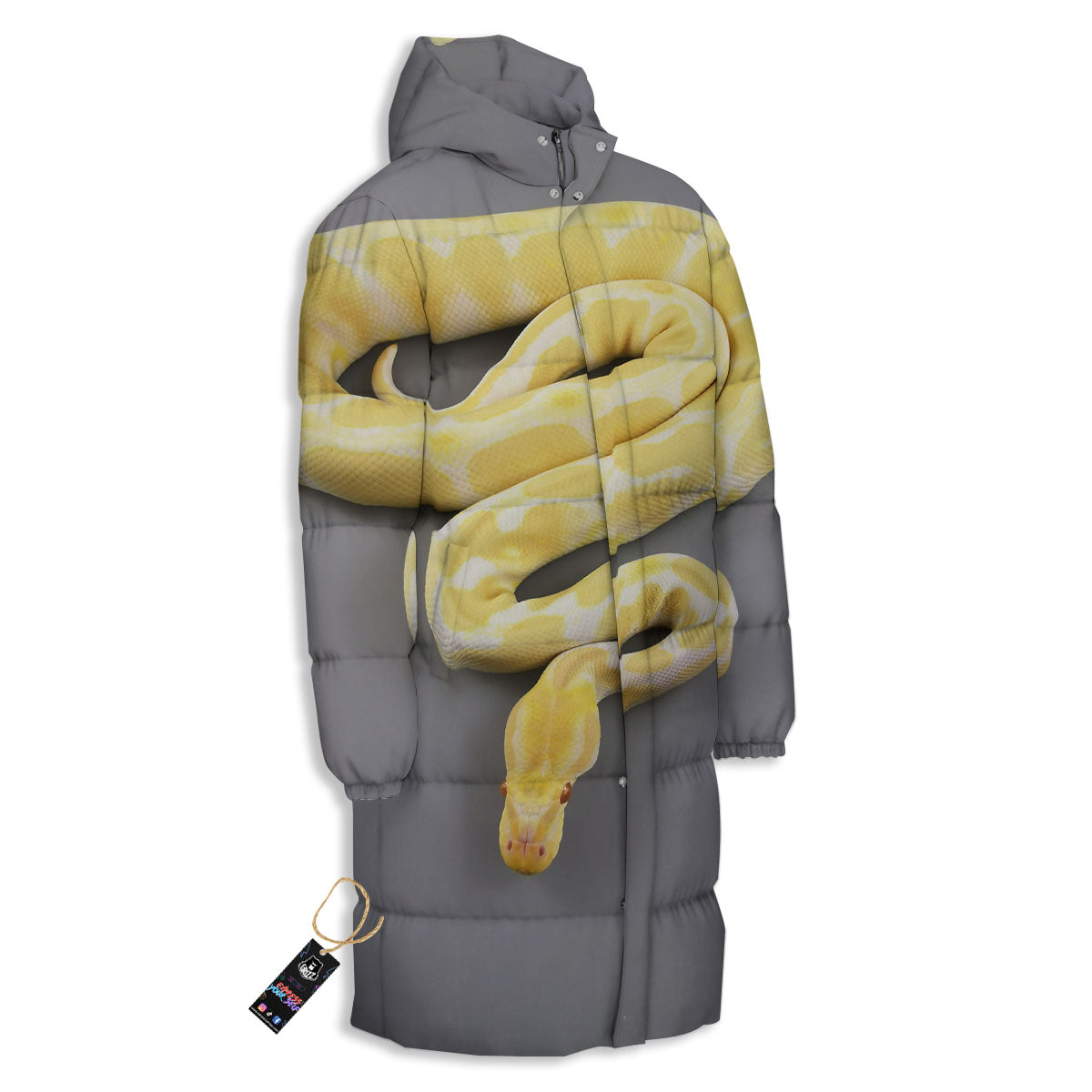 Python Snake Yellow And White Print Long Down Jacket-grizzshop