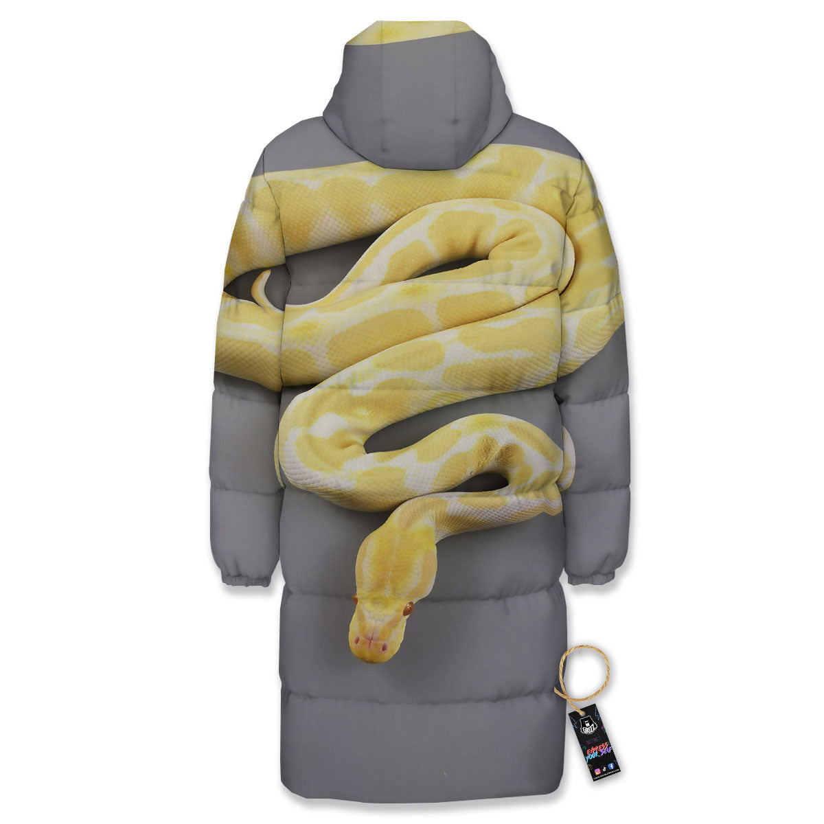 Python Snake Yellow And White Print Long Down Jacket-grizzshop