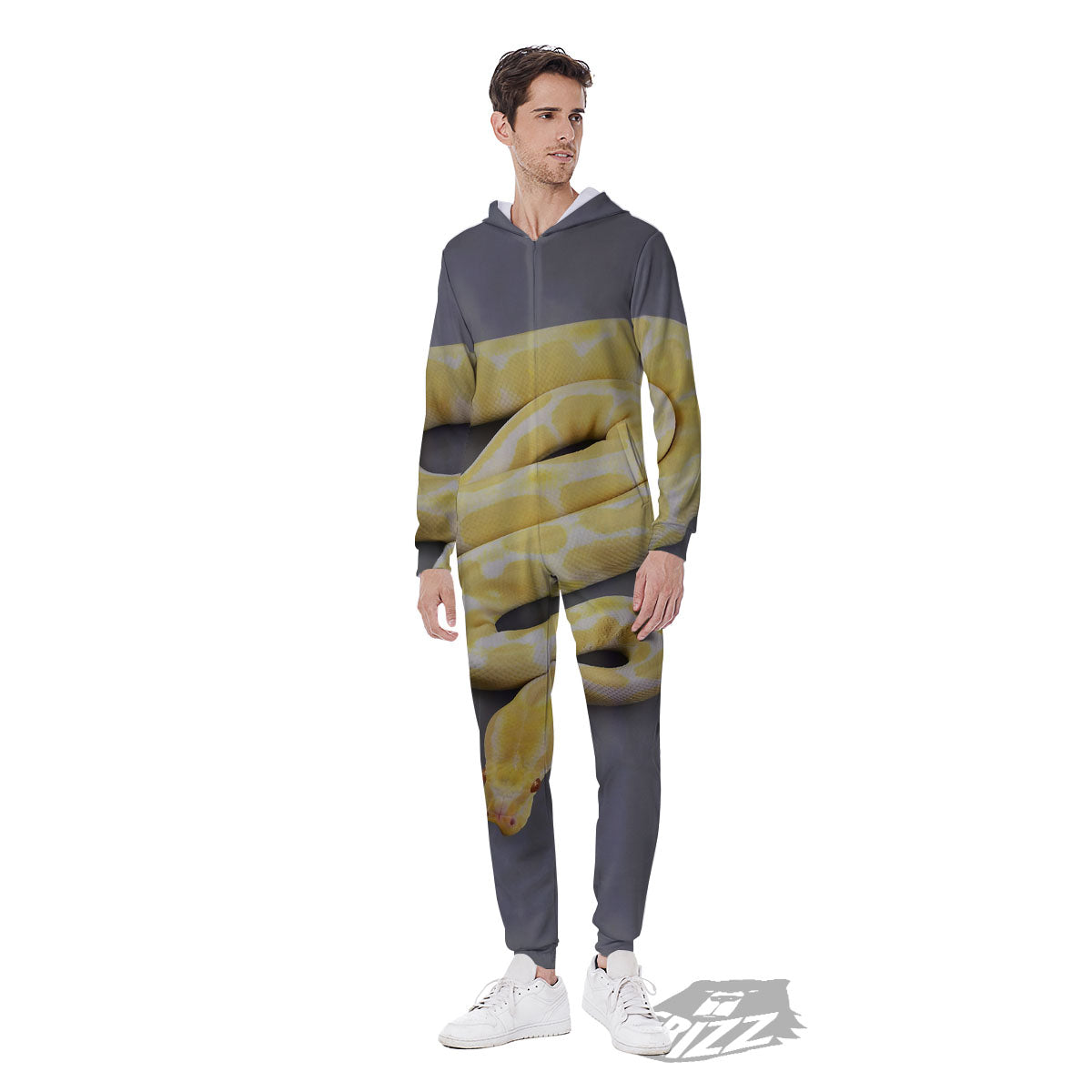 Python Snake Yellow And White Print Men's Jumpsuit-grizzshop