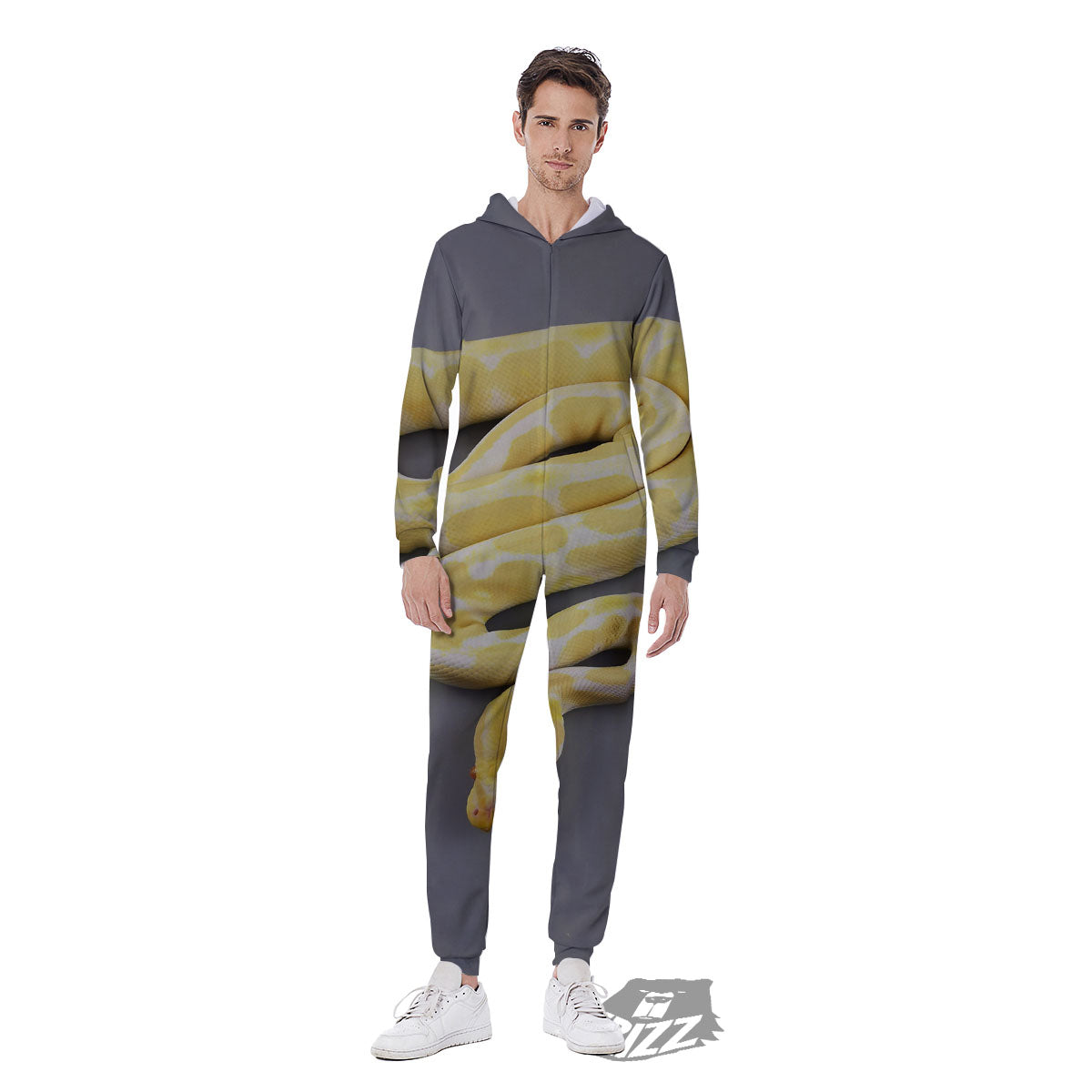 Python Snake Yellow And White Print Men's Jumpsuit-grizzshop