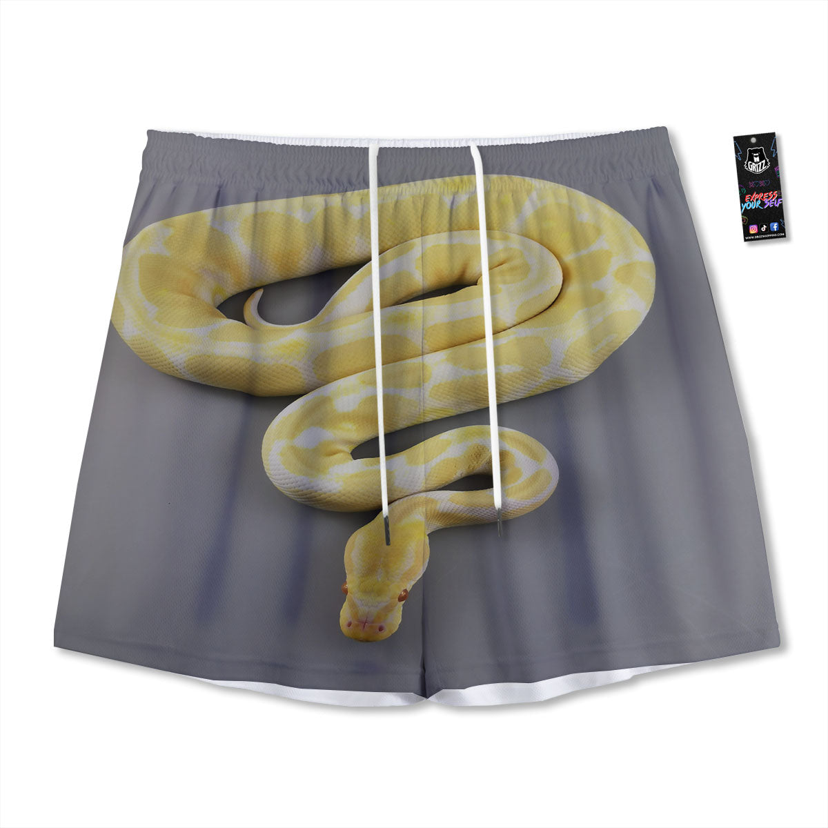Python Snake Yellow And White Print Mesh Shorts