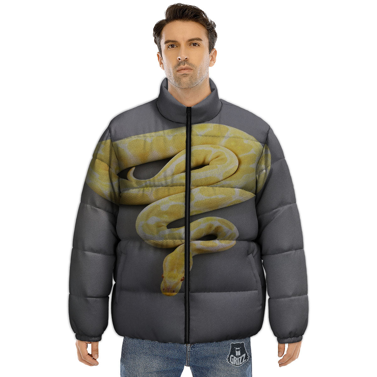 Python Snake Yellow And White Print Puffer Jacket-grizzshop