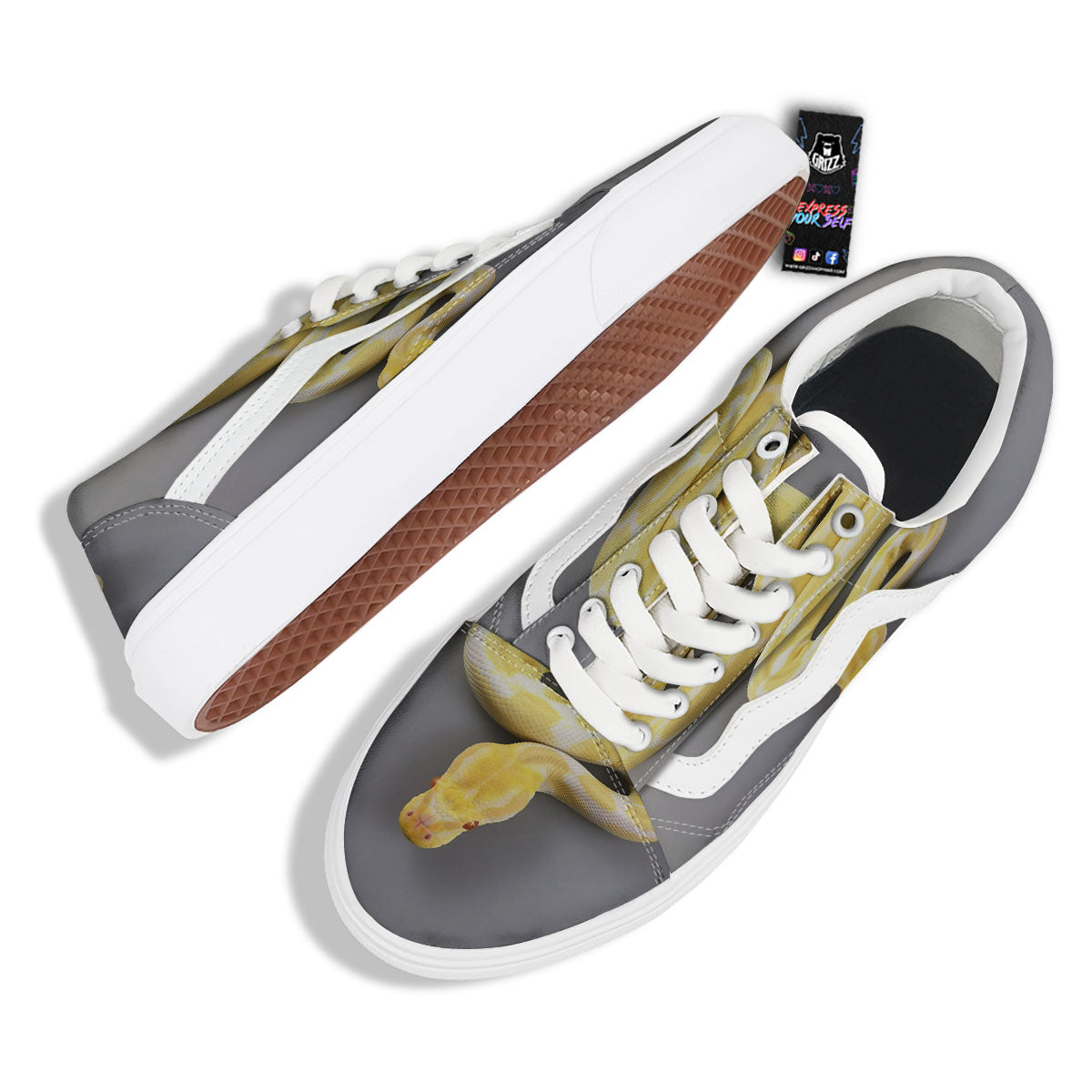 Python Snake Yellow And White Print Skate Shoes-grizzshop