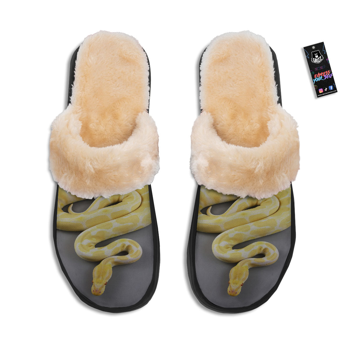 Python Snake Yellow And White Print Slippers-grizzshop