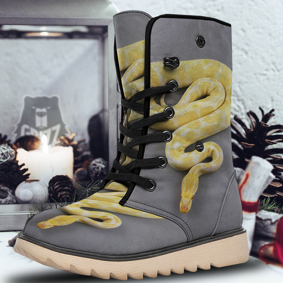 Python Snake Yellow And White Print Snow Boots-grizzshop