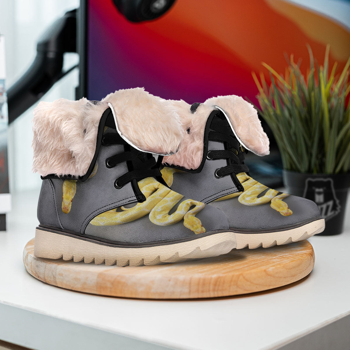 Python Snake Yellow And White Print Snow Boots-grizzshop
