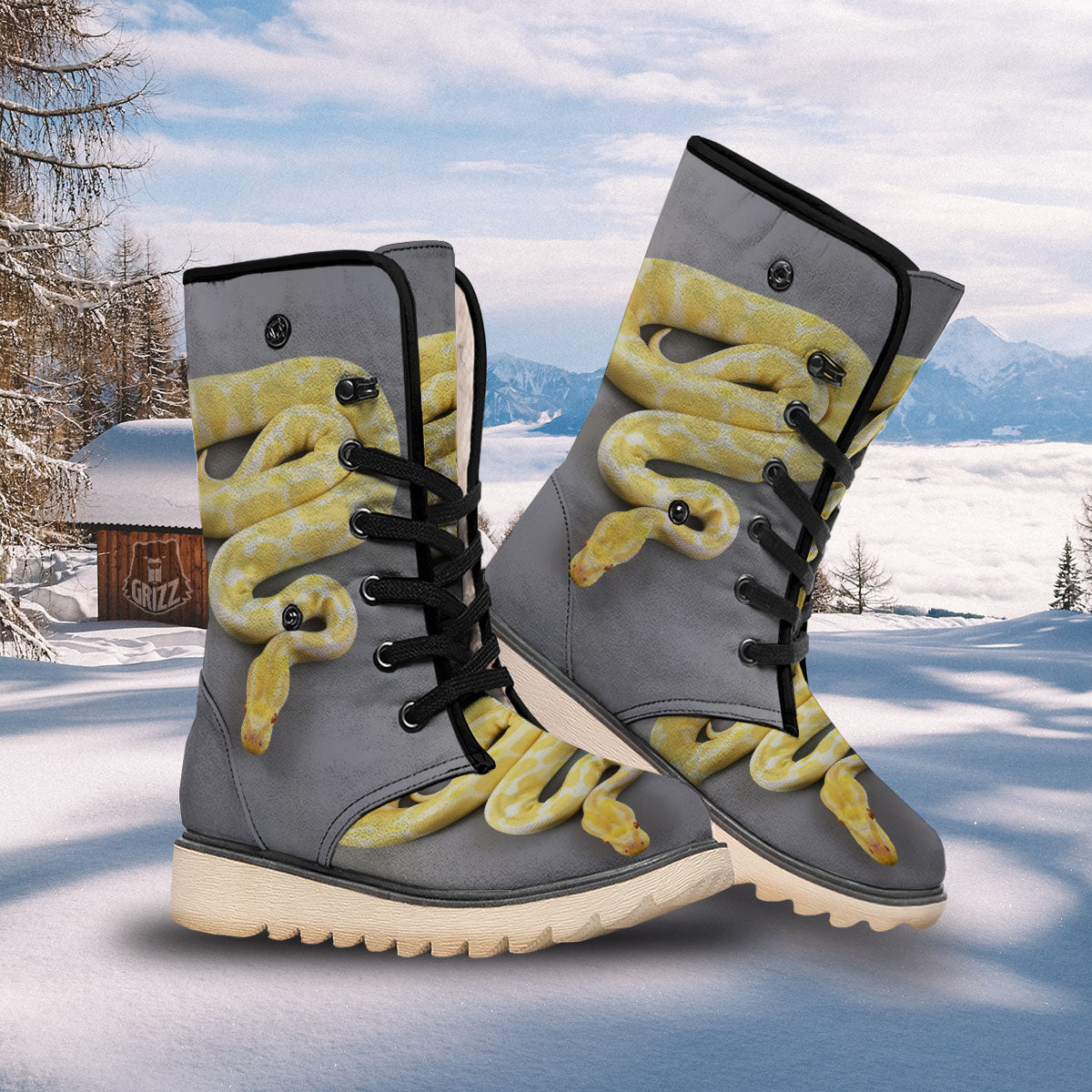 Python Snake Yellow And White Print Snow Boots-grizzshop
