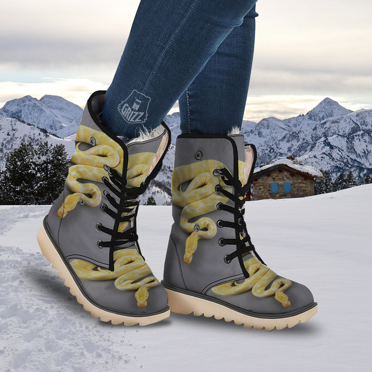 Python Snake Yellow And White Print Snow Boots-grizzshop