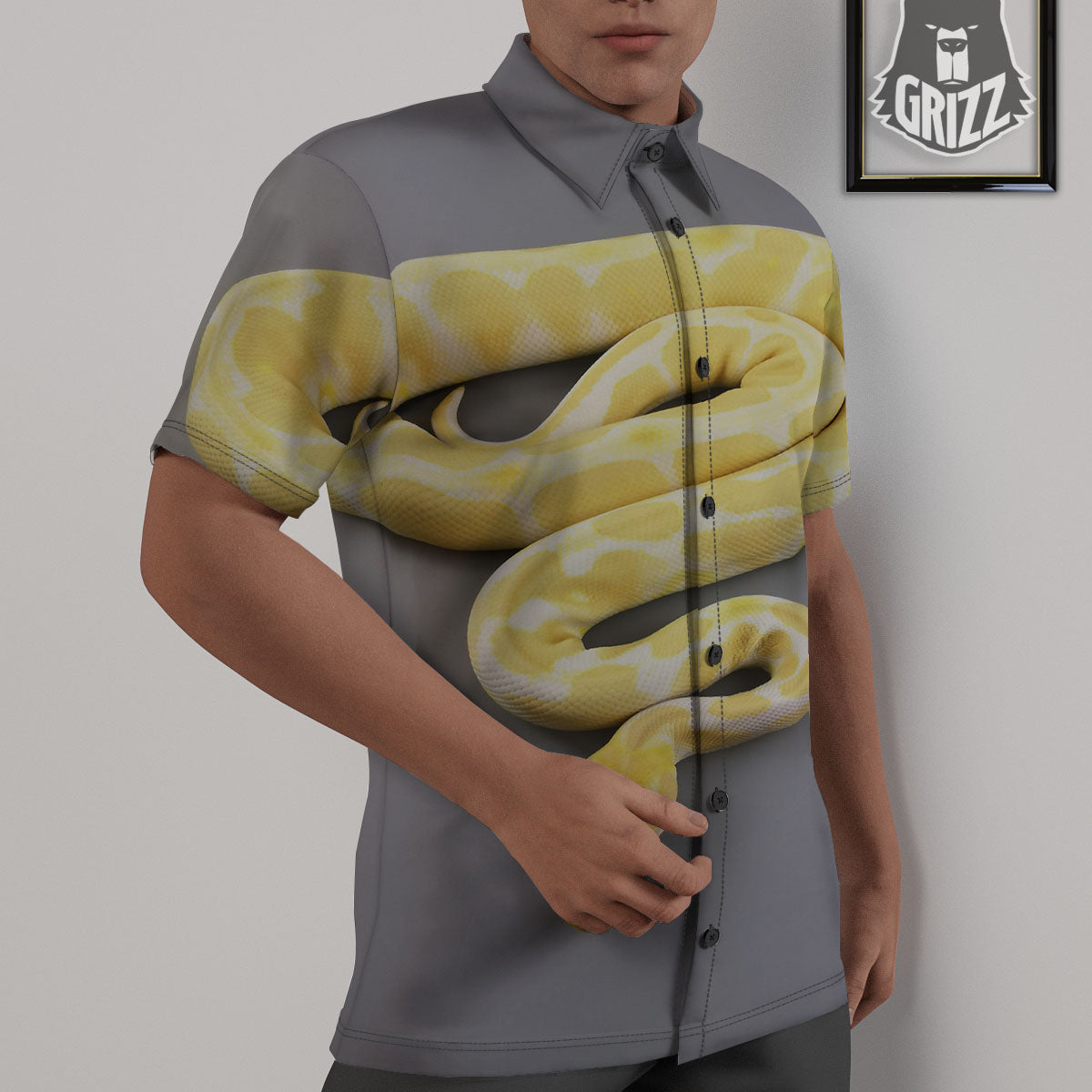 Python Snake Yellow And White Print Untucked Shirts-grizzshop