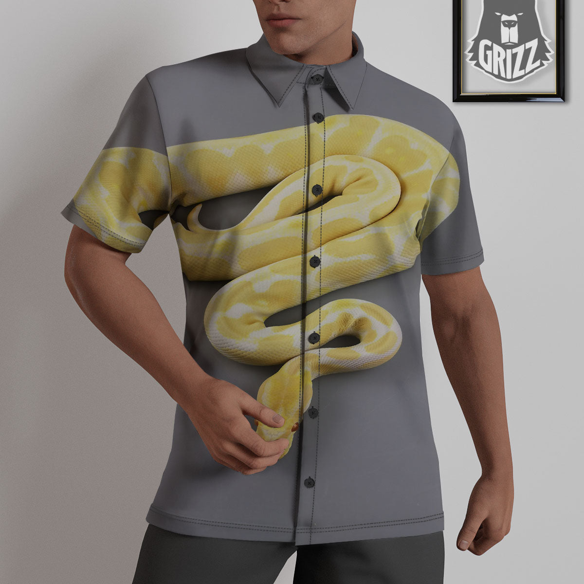 Python Snake Yellow And White Print Untucked Shirts-grizzshop