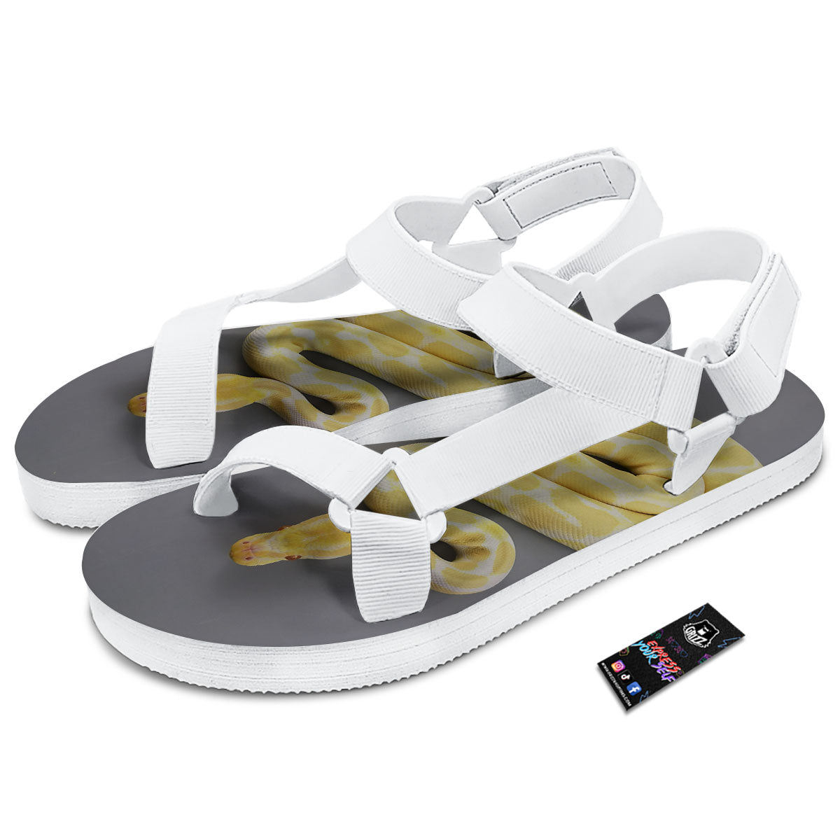 Python Snake Yellow And White Print White Open Toe Sandals-grizzshop