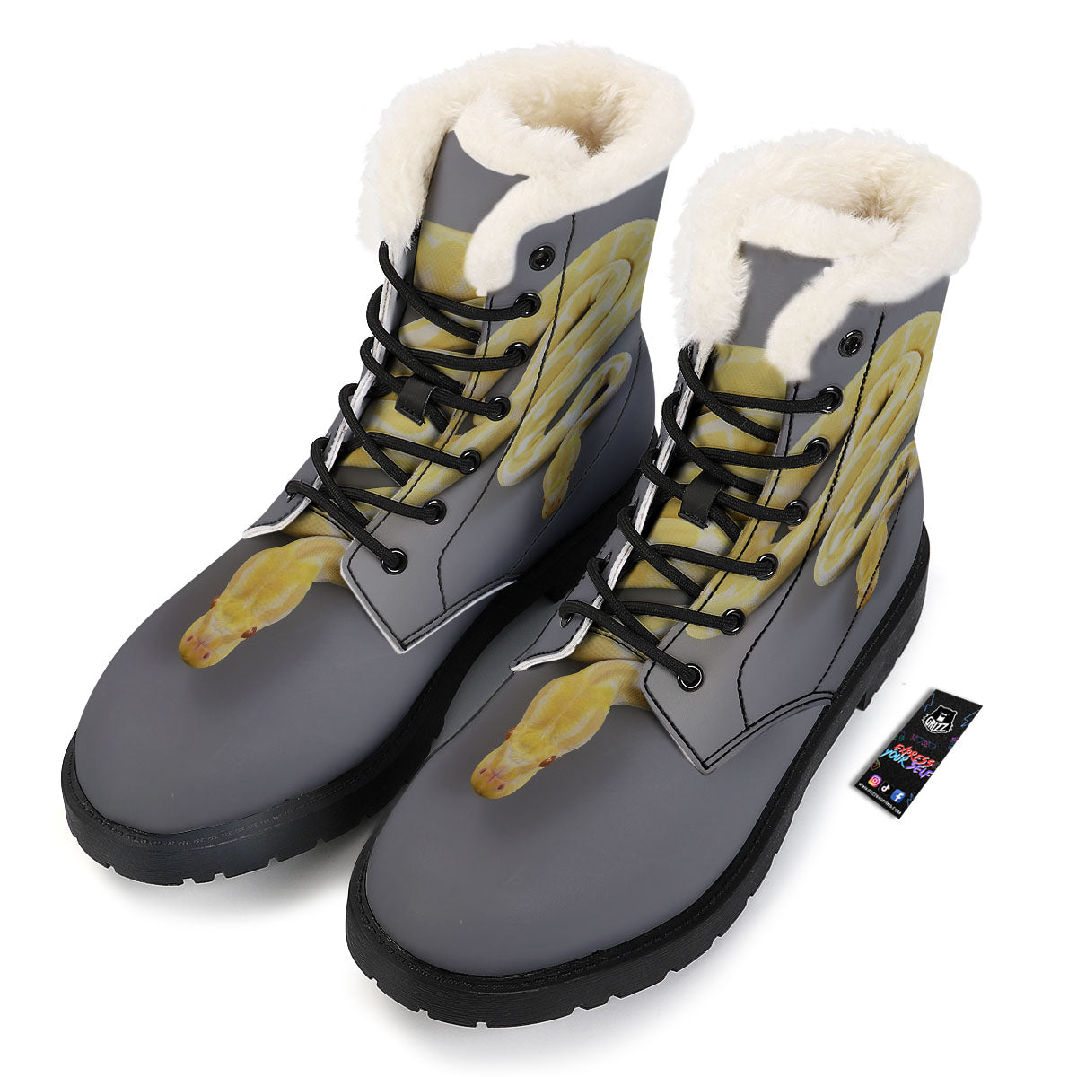 Python Snake Yellow And White Print Winter Boots-grizzshop