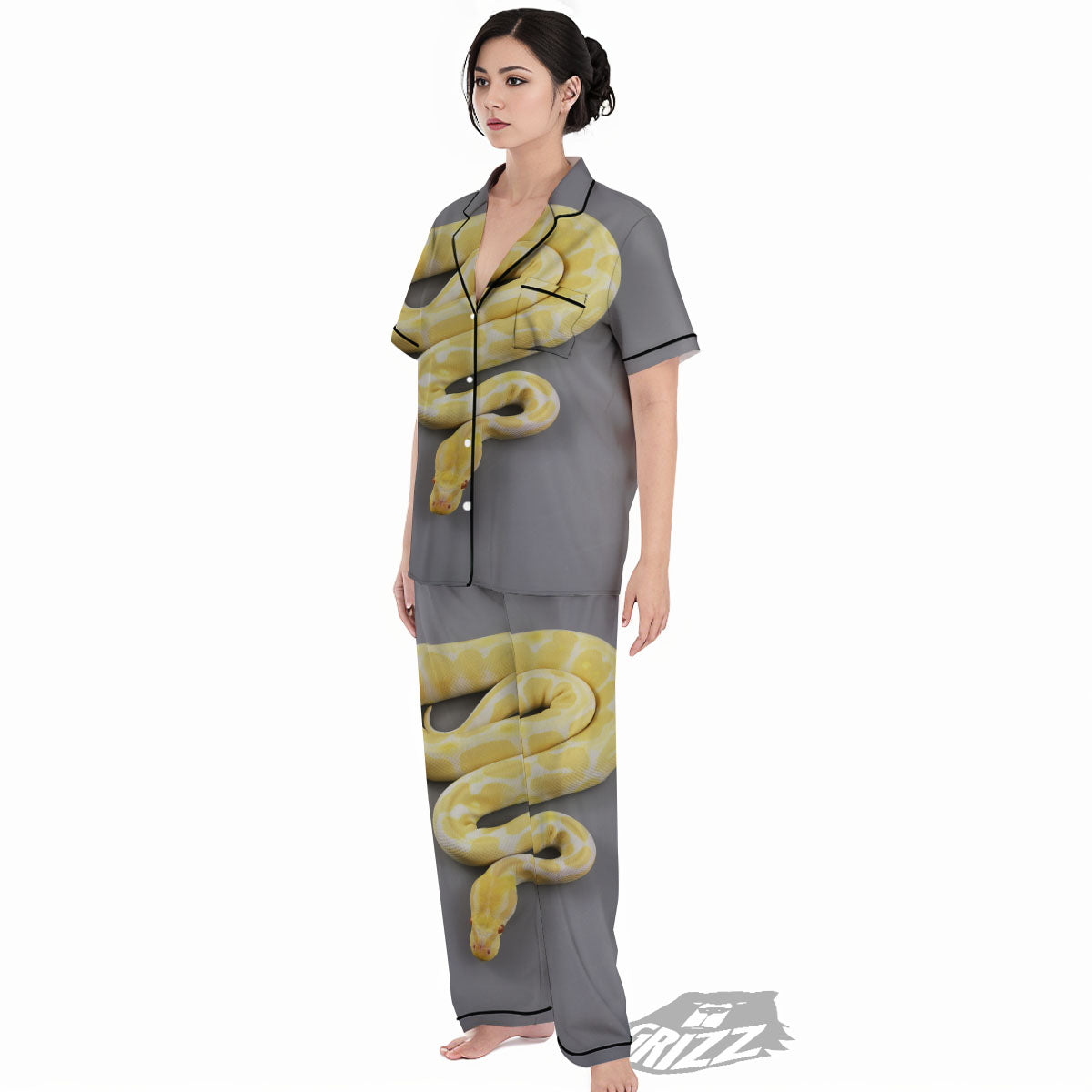 Python Snake Yellow And White Print Women's Pajamas Set-grizzshop