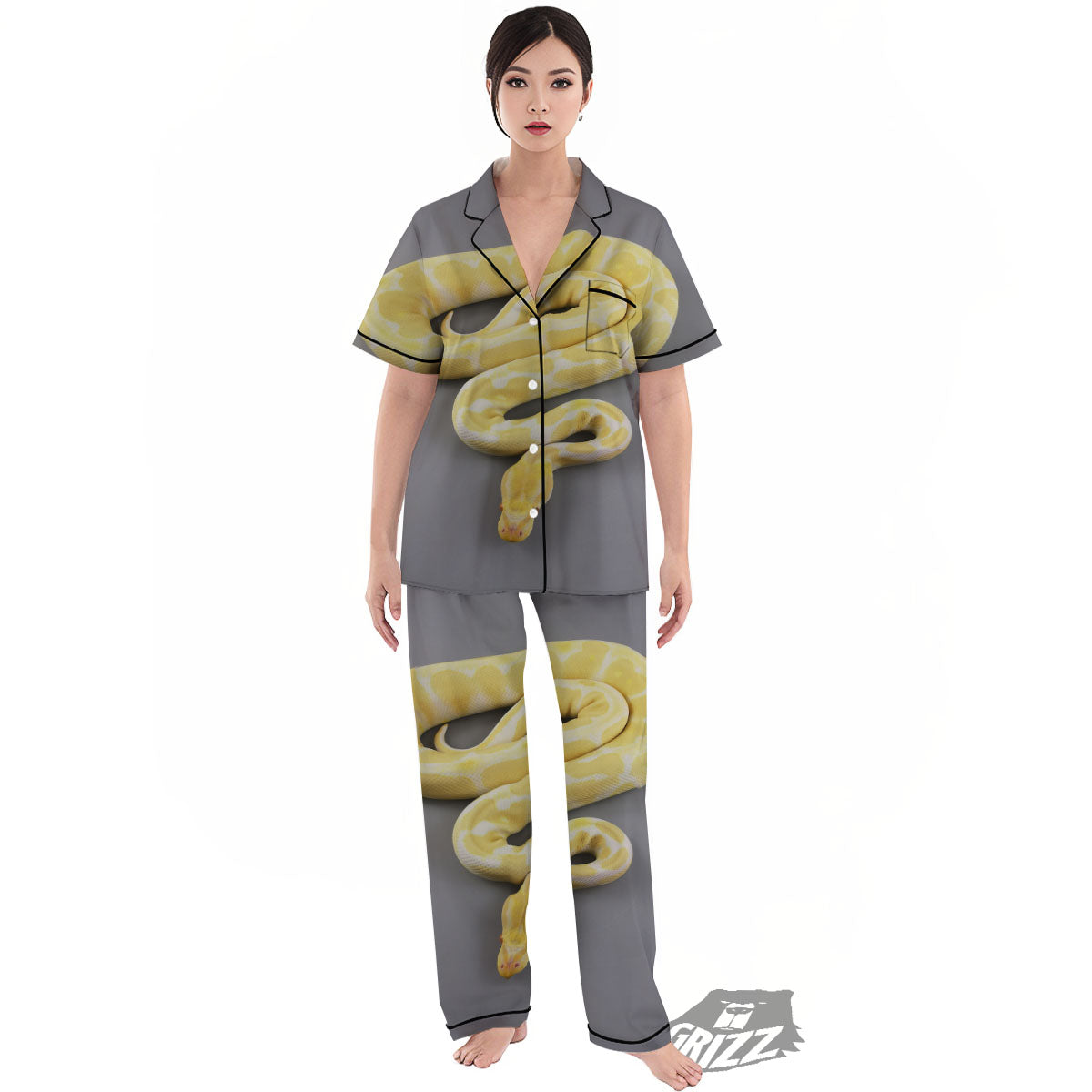 Python Snake Yellow And White Print Women's Pajamas Set-grizzshop