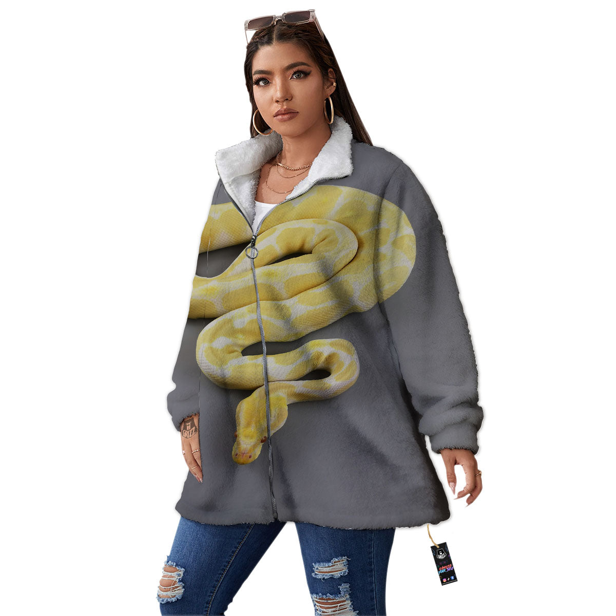 Python Snake Yellow And White Print Women's Sherpa Jacket-grizzshop