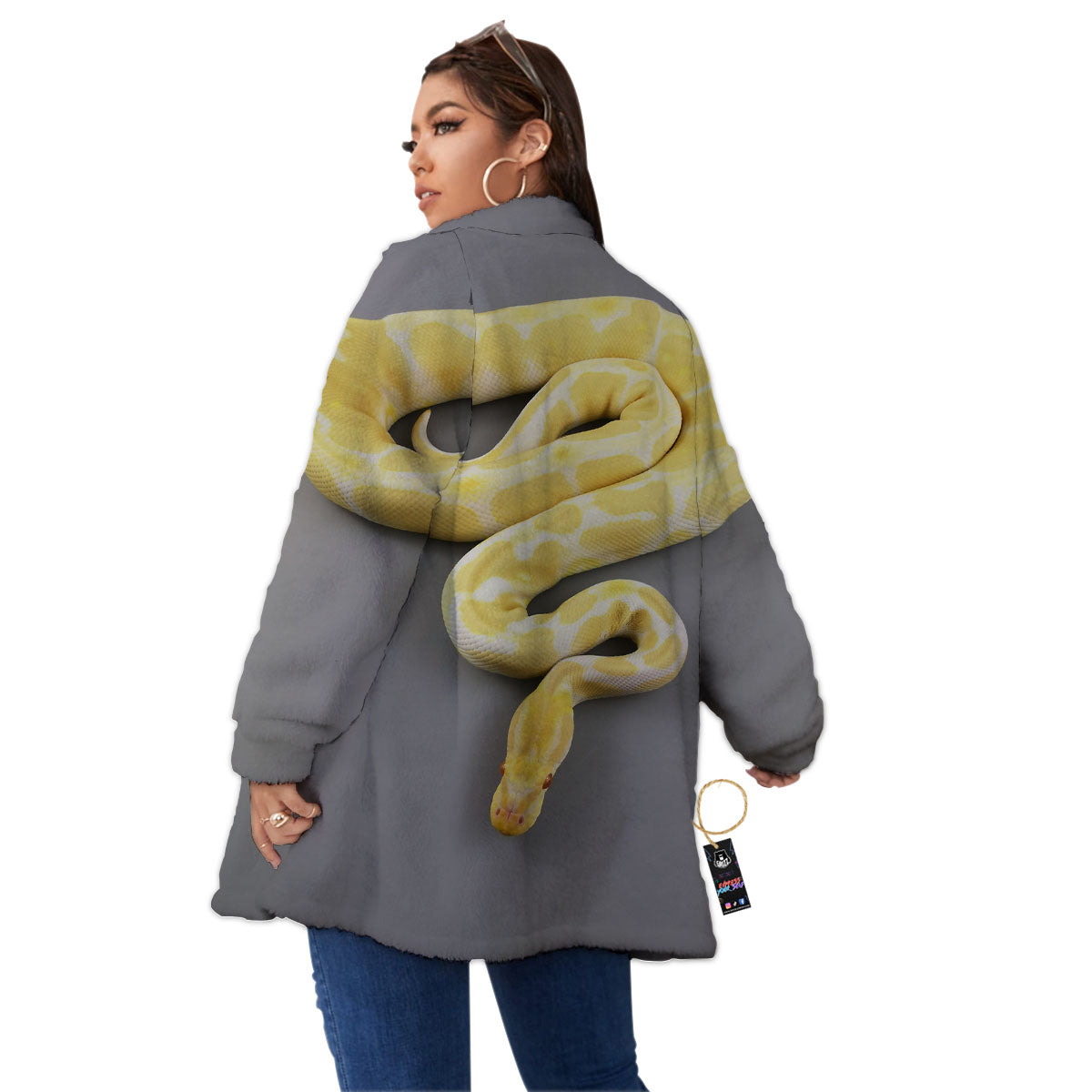 Python Snake Yellow And White Print Women's Sherpa Jacket-grizzshop
