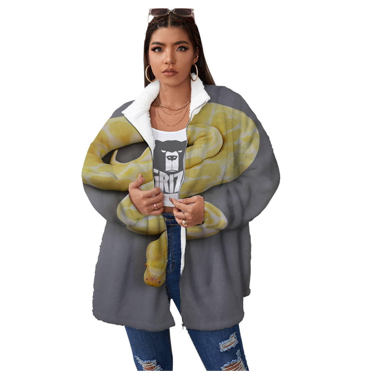 Python Snake Yellow And White Print Women's Sherpa Jacket-grizzshop