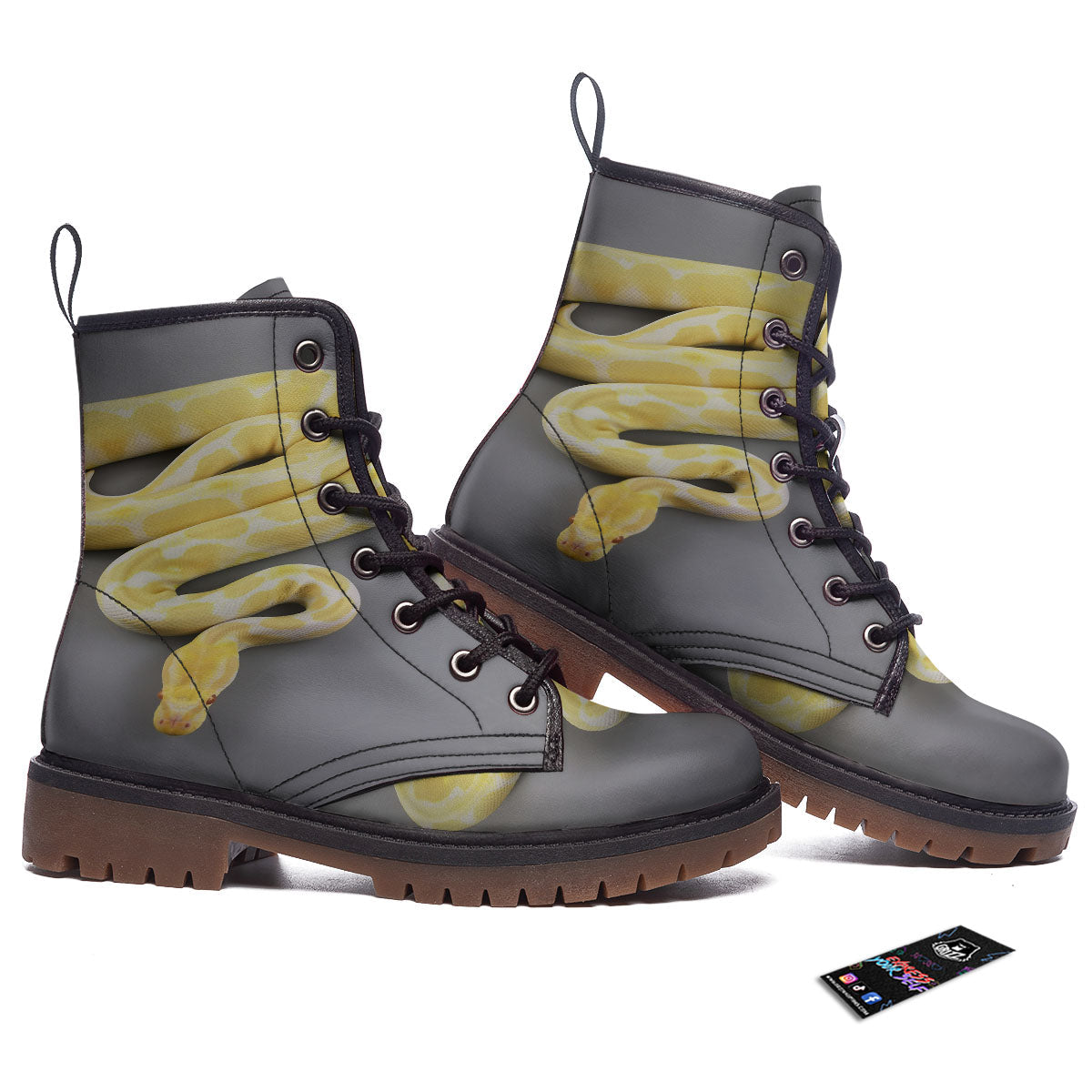Python Snake Yellow And White Print Work Boots-grizzshop