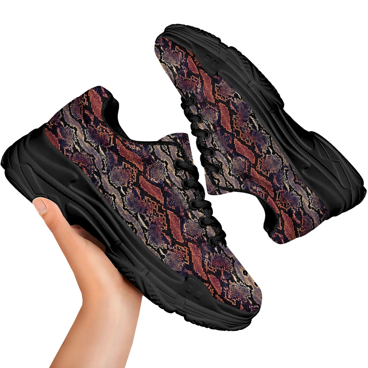 Python Snakeskin Brick Red Print Black Chunky Shoes-grizzshop